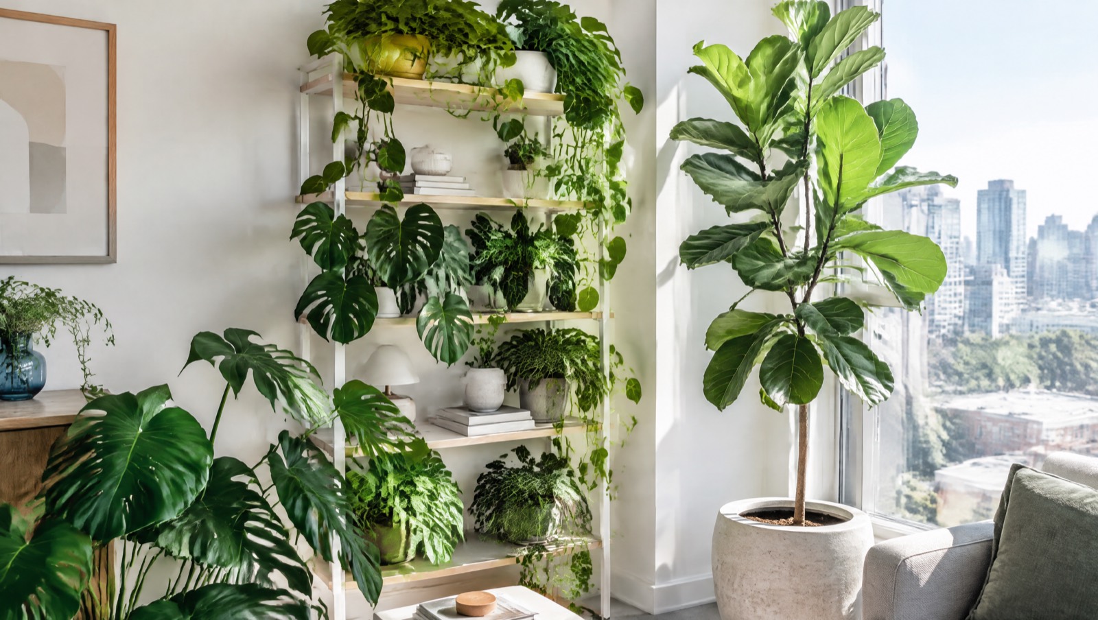 A bright room corner filled with houseplants by a large window